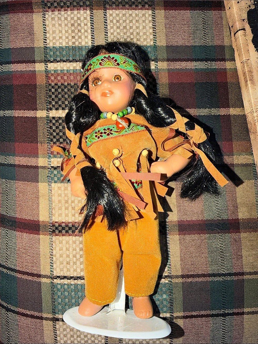 Porcelain Native-Inspired Dressed Doll with Stand